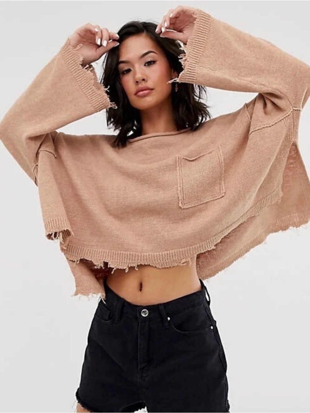 Free People Distressed OversPocket Sweater in  Sand Size S - Picture 3 of 10